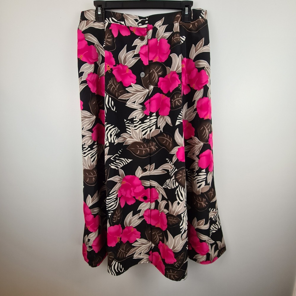 Joyce Vintage Button Front Floral Zebra Print Midi Skirt Plus Size 18 Black Pink